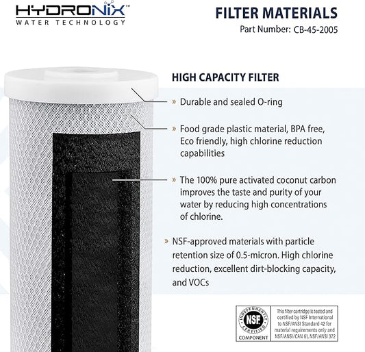 Hydronix CB-45-2005 Whole House, Commercial & Industrial NSF Coconut Carbon Block Water Filter, 4.5" x 20" - 5 Micron