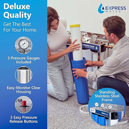 Express Water 3-Stage Whole House Water Filter System, Reduces Scale, Heavy Metals, PFAs, Lead, Arsenic, Chlorine & Chloramine, Includes Free-Standing Stainless Steel Frame & 3 Pressure Gauges