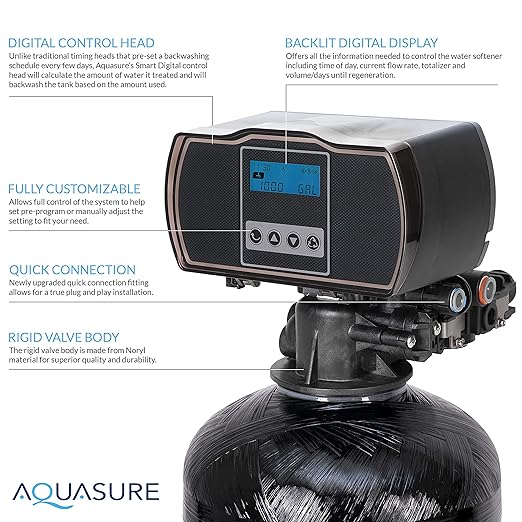 Aquasure 48,000 Grains Whole House Water Filter Bundle with Automatic Digital Metered Control Softener and 75 GPD RO Reverse Osmosis Drinking System | Removes Hardness | Ideal for 3-4 bathrooms