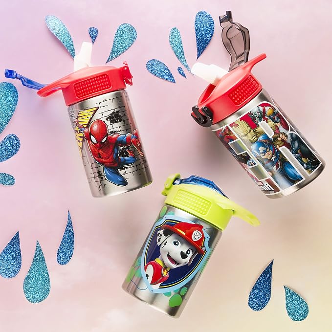 Zak Designs Stainless Steel One Hand Operation Lid and Built-in Carrying Loop Water Bottle with Straw Spout is Perfect for Kids (15.5 oz, BPA Free), 1 Count (Pack of 1), Marvel Comics Spider-Man
