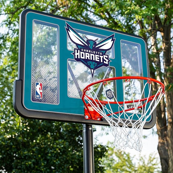 Lifetime NBA Charlotte Hornets Portable Basketball Hoop, Adjustable Height 7.5-10 Ft, 44 Inch Shatterproof Fusion Backboard, Base with Wheels