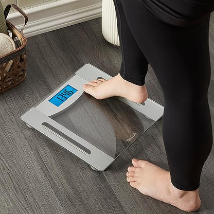 Taylor Smart Weight Tracking Scale with Precision Hub App for Body Weight with Smart App Connectivity, 400 lb Capacity, Glass & Silver Platform, Blue Backlit Display, Sync with 3rd Party App, Clear