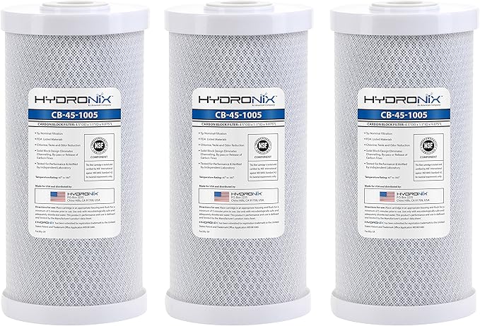 Hydronix HX-CB-45-1005/3 Whole House Commercial Nsf Coconut Activated Carbon Block Water Filter, 4.5" x 10", 5 Micron, 3 Pack, White