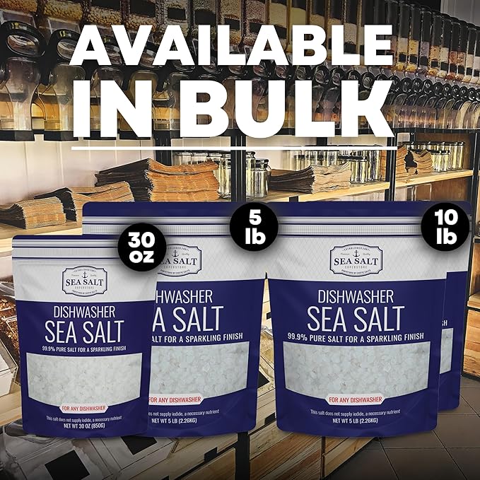Dishwasher Salt, Natural Water Softener, Food Grade Coarse Sea Salt Compatible with Miele, Thermador, Whirlpool, & Bosch Dishwasher, 30 oz Bag