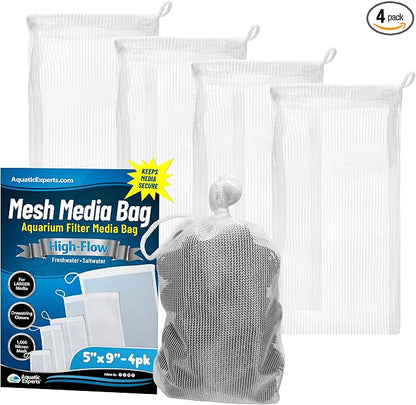 Aquatic Experts High Flow Filter Media Bag - Durable Filter Bags for Fish Tank, Secure Aquarium Media Bag with Drawstring, Media Bags for Aquarium and Pond, High Flow (White), 5" x 9" - 4 Pack