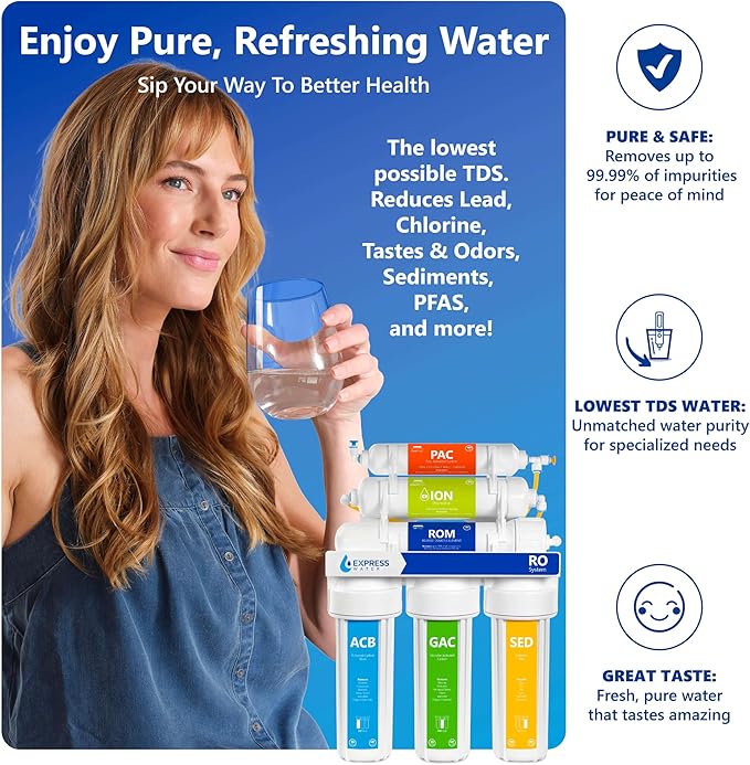 Express Water RODI10D Reverse Osmosis Deionization Water Filtration System – 6 Stage RO Water Filter with Faucet and Tank – Under Sink Water Filter – 100 GPD