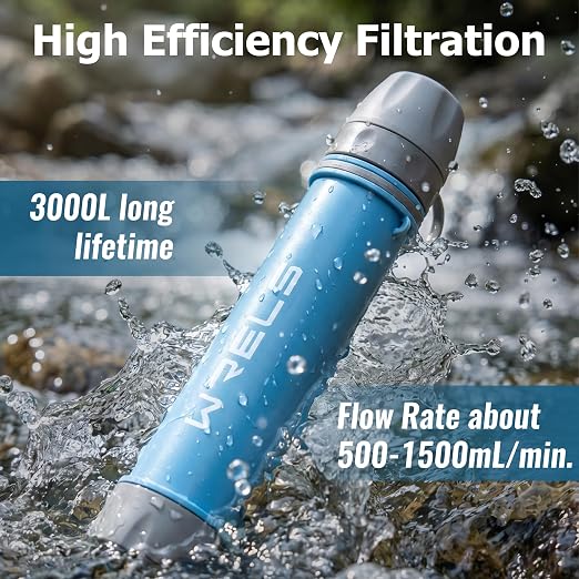 WRELS Water Filter Straw,NSF & SGS Certified Personal Portable Filter for Camping Hiking Survival,Outdoor Water Filter with Carabiner & Extension Tube – Emergency Water Filtration System