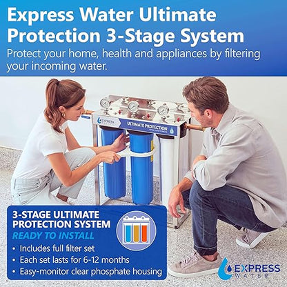 Express Water 3-Stage Whole House Water Filter System, Reduces Scale, Heavy Metals, PFAs, Lead, Arsenic, Chlorine & Chloramine, Includes Free-Standing Stainless Steel Frame & 3 Pressure Gauges