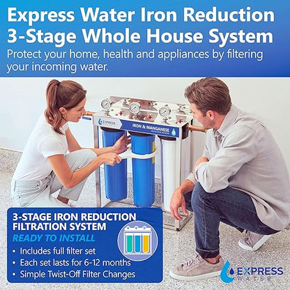 Express Water Whole House Water Filter System, Iron & Manganese 3 Stage Whole Home Filtration, Water Filter Removes Stains on Glassware, Fixtures, Laundry, Reduces Iron & Manganese for Well Water