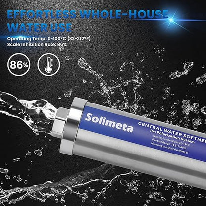 Solimeta Central Water Softner, Salt-Free Whole House Water Descaler, 3/4" NPT Water Heater Descaler, lon Polarization System