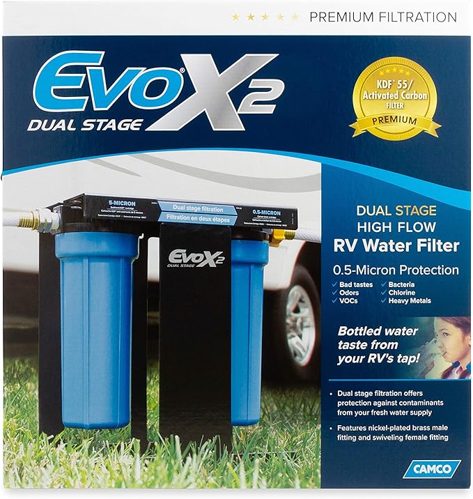 Camco EVO X2 Dual Stage Camper/RV Water Filter Kit - 2 Stage Filtration w/KDF & GAC - Filters Out Bad Taste, Odors, Lead, Bacteria & More - Replaceable Filters - (40639)