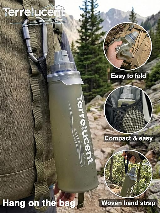 33.8 oz Collapsible Water Bottle with Filter, Squeeze Filtered Water Bottle, BPA-Free, Dual Filtration, Ultralight Water Filter System for Hiking, Camping, Backpacking (Gray, 33.8 OZ)