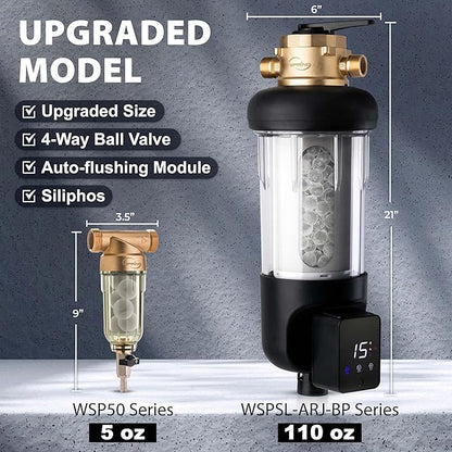 iSpring WSP100SL-ARJ-BP, NSF Certified, Whole House Spin Down Sediment Water Filter with 4 Modes Bypass, Include Siliphos Helps Prevent Scale, Clear Housing, Jumbo Size with Touch-Screen Auto Flushing