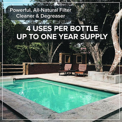 Pool Filter Cleaner - 6 MONTH SUPPLY - 2 to 4 Uses - 32 oz Concentrated Pool Cartridge Filter Cleaner - Removes Dirt, Grease, Oil - No Foam or Residue - Soak & Spray Cleaner - Safe, Natural, Effective