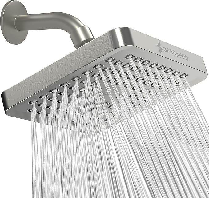 SparkPod Shower Head - High Pressure Rain - Premium Quality Luxury Design - Easy Clean Adjustable Replacement for Your Bathroom Shower Heads (Elegant Brushed Nickel, 6 Inch Square)