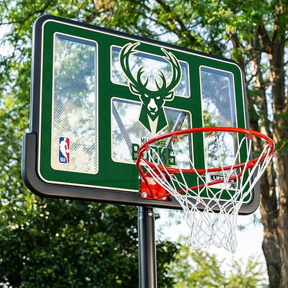 Lifetime NBA Milwaukee Bucks Portable Basketball Hoop, Adjustable Height 7.5-10 Ft, 44 Inch Shatterproof Fusion Backboard, Base with Wheels
