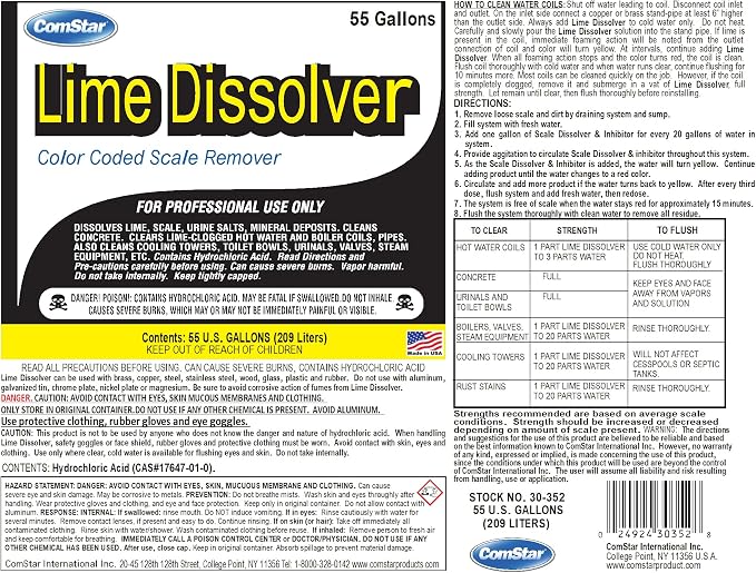Lime Dissolver, 55 Gallon, & Scale Remover, Industrial Strength Descaler for Cooling Towers, Boilers, Coils, Urinals, Toilet Bowls, Ice Machines, Lab Equipment, Rust & Stain Cleaner (30-352)