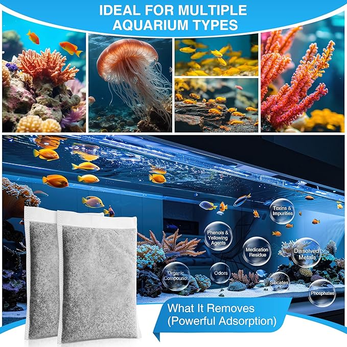 2 Pack 11oz Aquarium Filtration Media, Extruded Carbon & Ion Exchange Resin in Nylon Bags, Treats 75-100 Gallons Per Bag, Removes Phosphates & Metals for Reef, Marine, Jellyfish & High pH Aquariums
