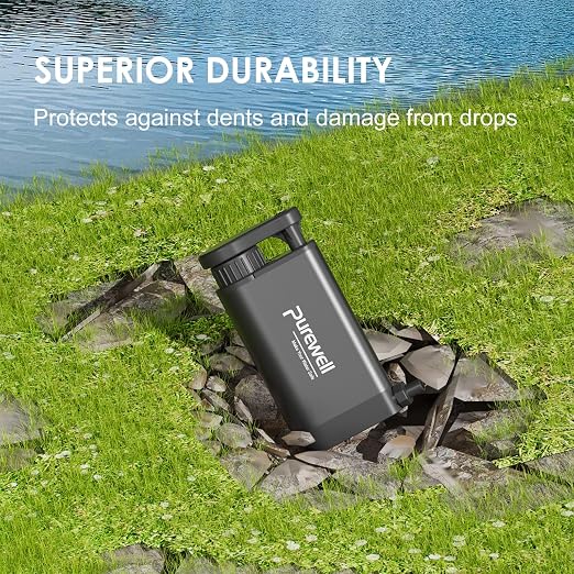 Purewell Stainless Steel Water Filter Pump with Replaceable Carbon 0.01 Micron Water Filter, 3 Filter Stages, Portable Outdoor Emergency and Survival Gear - Camping, Hiking, Backpacking(Black)