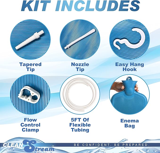 CleanStream Water Bottle Enema Cleaning Kit for Men and Women, 2 Quart Durable Rubber Bag with 5-Foot Flexible Tube, Tapered and Nozzle Tips Included, Flow Control Clamp, Hygienic Design