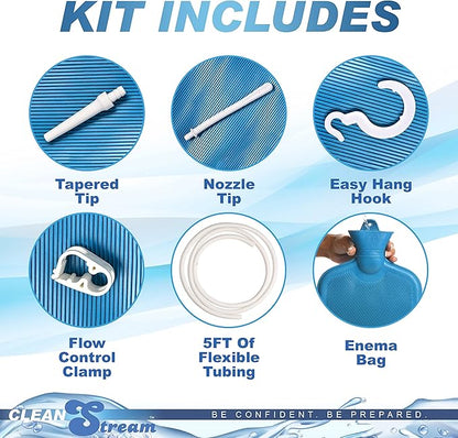 CleanStream Water Bottle Enema Cleaning Kit for Men and Women, 2 Quart Durable Rubber Bag with 5-Foot Flexible Tube, Tapered and Nozzle Tips Included, Flow Control Clamp, Hygienic Design