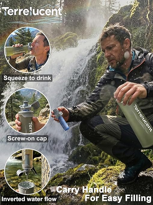 33.8 oz Collapsible Water Bottle with Filter, Squeeze Filtered Water Bottle, BPA-Free, Dual Filtration, Ultralight Water Filter System for Hiking, Camping, Backpacking (Gray, 33.8 OZ)