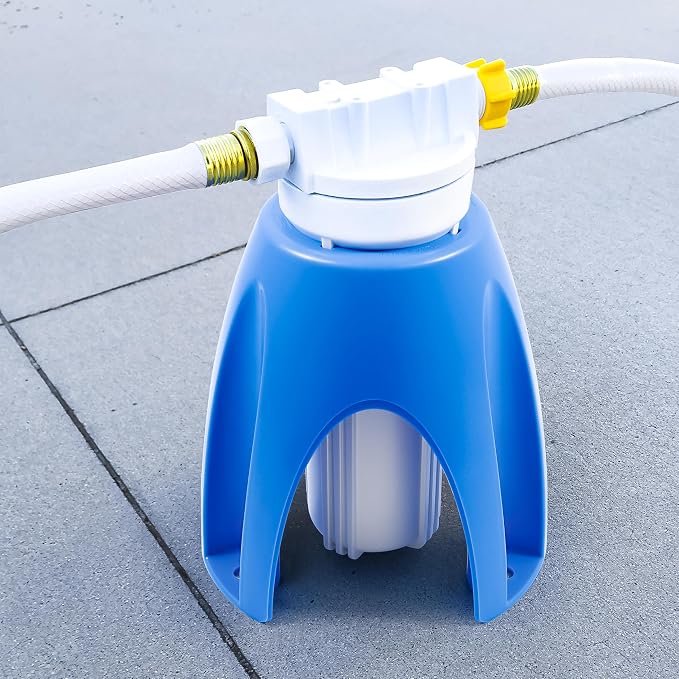 Camco Universal Plastic Stand-Supports Upright Position to Reduce Hose Kinking and Maximize Water Flow Rate-Fits 4-Inch Filters (21018).