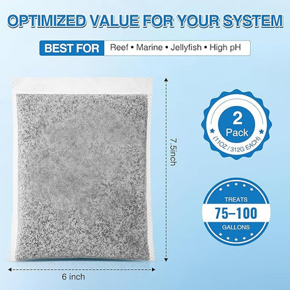 2 Pack 11oz Aquarium Filtration Media, Extruded Carbon & Ion Exchange Resin in Nylon Bags, Treats 75-100 Gallons Per Bag, Removes Phosphates & Metals for Reef, Marine, Jellyfish & High pH Aquariums