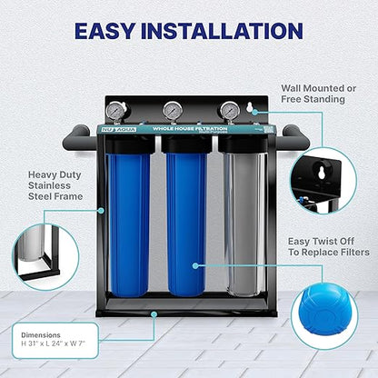 Nu Aqua 3-Stage Main Line Heavy Metal Whole House Water Filter System (20” x 4.5”) | Reduce Heavy Metals, Chlorine, Odors | Sediment, Heavy Metal KFD GAC, Carbon Block Filtration - Home Filtration