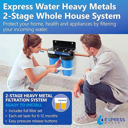 Express Water - Whole House Water Filter System - 2-Stage Water Filtration System - Sediment & KDF Filters - Reduce Heavy Metals - Clean Drinking Water - Includes Easy Release, and 1” Inch Connections