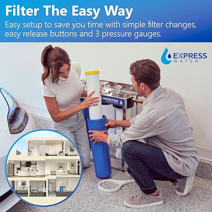 Fleck Whole House 64k Water Softener System Upgraded 10% Resin 5600sxt Metered on-demand & EXPRESS WATER 3-Stage Heavy Metal and Anti-Scale Water Filtration System, Stainless Steel