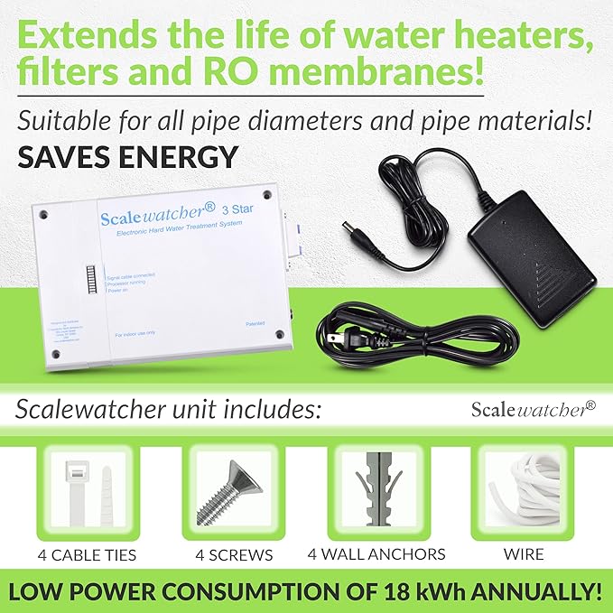 Scalewatcher 3 Original Electronic Descaler | USA Made & Patented Hard Water Softener/Conditioner Alternative | 600mA Chemical-Free and Salt-Free Electric Limescale Preventer and Remover