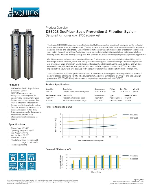 Aquios® DuoPlus DS600S Premium 2-Stage Full House Salt-Free Water Softener & Filtration System, Stainless Steel, Catalytic Carbon Removes Chloramines, Chlorine, VOCs, Tanins and More