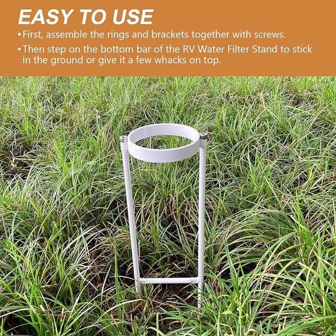 RV Water Filter Stand – Powder-Coated Iron Holder – Keeps Inline Filters Upright & Off the Ground – Prevents Hose Kinking & Tangling – Easy Tool-Free Setup – Rust-Resistant Exterior