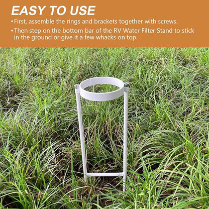 RV Water Filter Stand – Powder-Coated Iron Holder – Keeps Inline Filters Upright & Off the Ground – Prevents Hose Kinking & Tangling – Easy Tool-Free Setup – Rust-Resistant Exterior