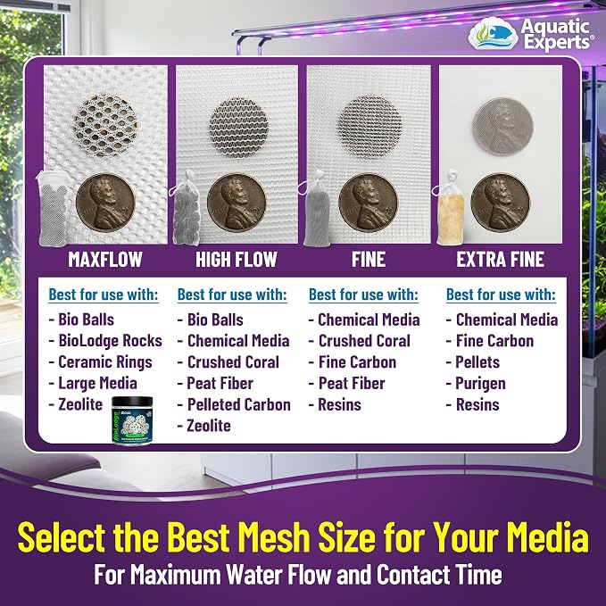 Aquatic Experts Fine Aquarium Media Bag, Durable Drawstring Bags for Fish Tank Filters, 450 Micron Mesh, (Fine, 3"x 8" - 4 Pack)