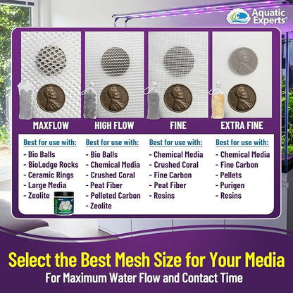 Aquatic Experts Fine Aquarium Media Bag, Durable Drawstring Bags for Fish Tank Filters, 450 Micron Mesh, (Fine, 5" x 9" - 4 Pack)