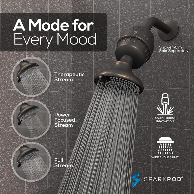 SparkPod 23-Stage Filtered Shower Head with 3 Spray Settings - High Pressure Shower Head with Filters for Dry Hair and Skin - Showerhead with Filter Reduces Chlorine & Heavy Metals (Oil-Rubbed Bronze)