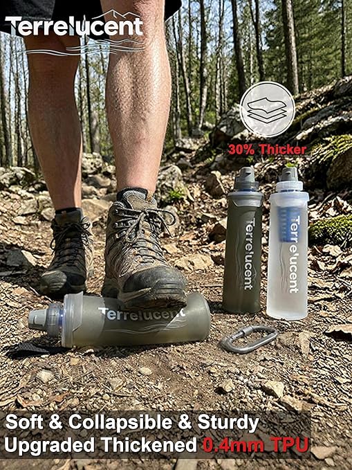 750ML Collapsible Water Bottle with Filter, Squeeze Filtered Water Bottle, BPA-Free, Dual Filtration, Ultralight Water Filter System for Hiking, Camping, Backpacking (Gray, 25.4 OZ)