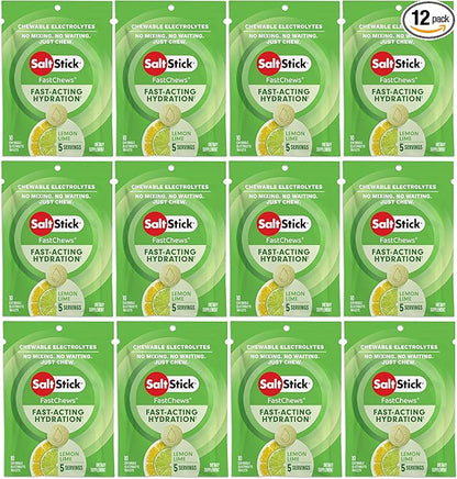 SaltStick Electrolyte FastChews Chewable Tablets, Lemon Lime, 120 count, 12 packets of 10 tablets each