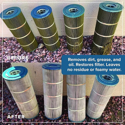 Pool Filter Cleaner - 6 MONTH SUPPLY - 2 to 4 Uses - 32 oz Concentrated Pool Cartridge Filter Cleaner - Removes Dirt, Grease, Oil - No Foam or Residue - Soak & Spray Cleaner - Safe, Natural, Effective