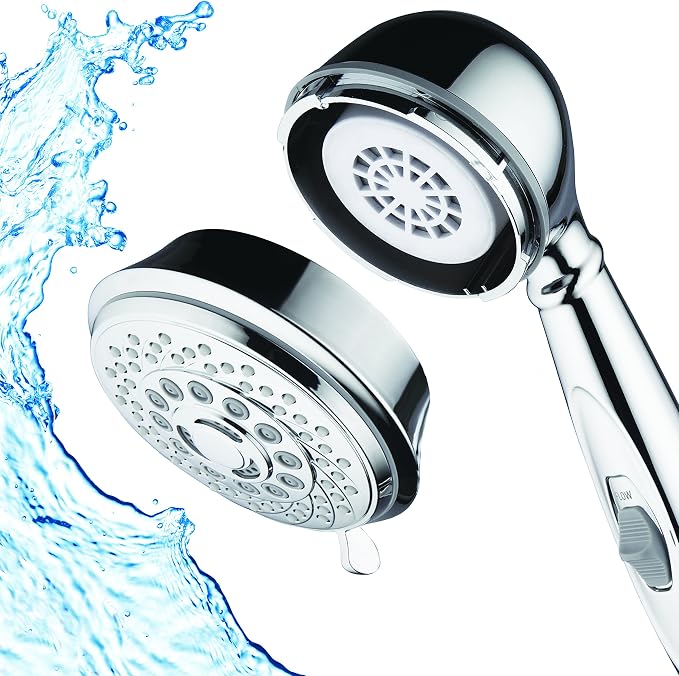 AquaCare by Hotel Spa 7-Setting Filtered Handheld Shower Head with Patented ON/OFF Pause Switch and Enriched KDF Shower Filter Cartridge Inside 4 Inch