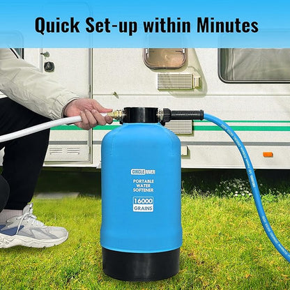 RV Water Softener with Water Hose, 16000 Grains 3/4" Brass Fittings Food-Grade Resin Soften Hard Water Improve Water Quality Portable Water Softener for RV, Trailers