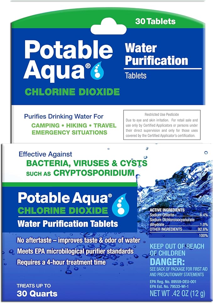 Potable Aqua Chlorine Dioxide Water Purification Tablets - 30 Count & Water Purification Tablets with PA Plus - Two 50 Count Bottles