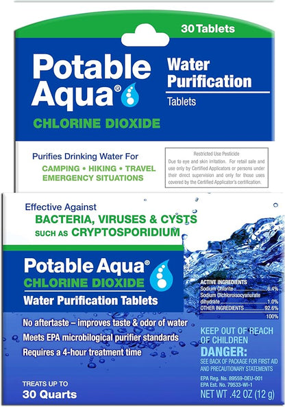 Potable Aqua Chlorine Dioxide Water Purification Tablets - 30 Count & Water Purification Tablets with PA Plus - Two 50 Count Bottles