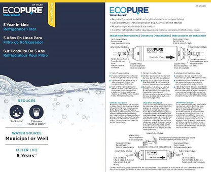 EcoPure EPINL30 5-Year In-Line Refrigerator Water Filter, Universal Fit for Most Fridges, Ice Makers, RVs & Boats, Reduces Chlorine Taste & Odor – Easy DIY Install with 1/4" Fittings (Pack of 4)