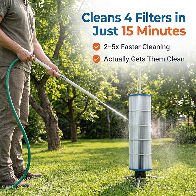 CYCLONE FILTER CLEANER – Patented Hose-Powered Spinning Pool Cartridge Filter Cleaning Tool with Stand & Spray Wand – Cleans 5X Faster – Fits 3”, 4”, 6” ID Filters