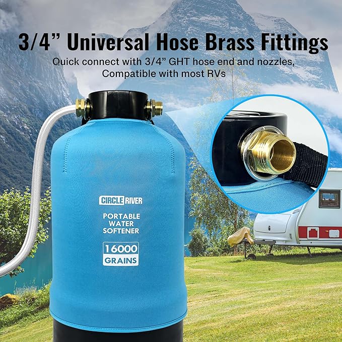 RV Water Softener with Water Hose, 16000 Grains 3/4" Brass Fittings Food-Grade Resin Soften Hard Water Improve Water Quality Portable Water Softener for RV, Trailers