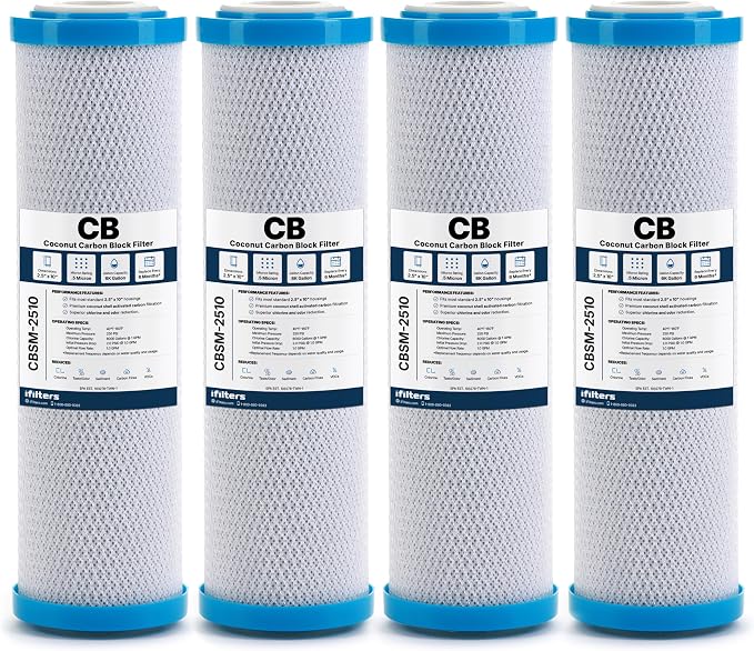 iFilters 0.5-Micron Carbon Block Water Filter – Coconut Shell CTO Drinking Water Filter Cartridge – 10-inch Replacement for Filtration Systems – 2.5" x 10" (4 Pack, Filter)