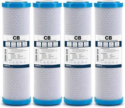 iFilters 0.5-Micron Carbon Block Water Filter – Coconut Shell CTO Drinking Water Filter Cartridge – 10-inch Replacement for Filtration Systems – 2.5" x 10" (4 Pack, Filter)